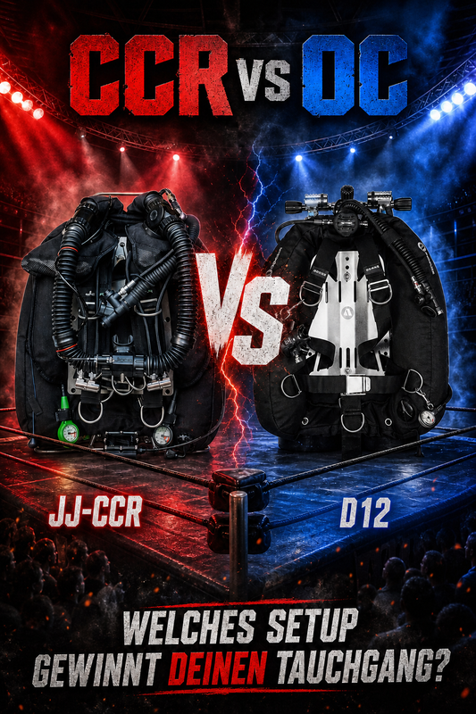 Grafik zum Thema „CCR vs OC – Welches Setup gewinnt deinen Tauchgang?“. Links ist ein JJ-CCR Rebreather auf rotem Hintergrund abgebildet, rechts ein D12 Doppelgerät auf blauem Hintergrund